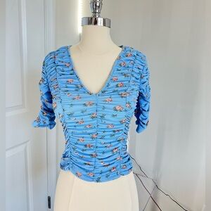 ZARA cornflower light blue tiny floral Ruched Mesh Top Short Sleeves XXS